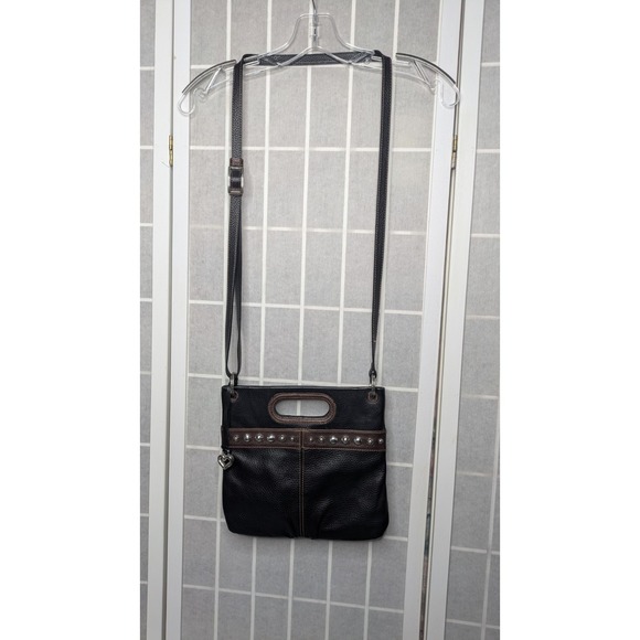 Vtg BRIGHTON Crossbody Purse Wallet Bag Black Leather Silver Heart Charm Clutch - Picture 3 of 10